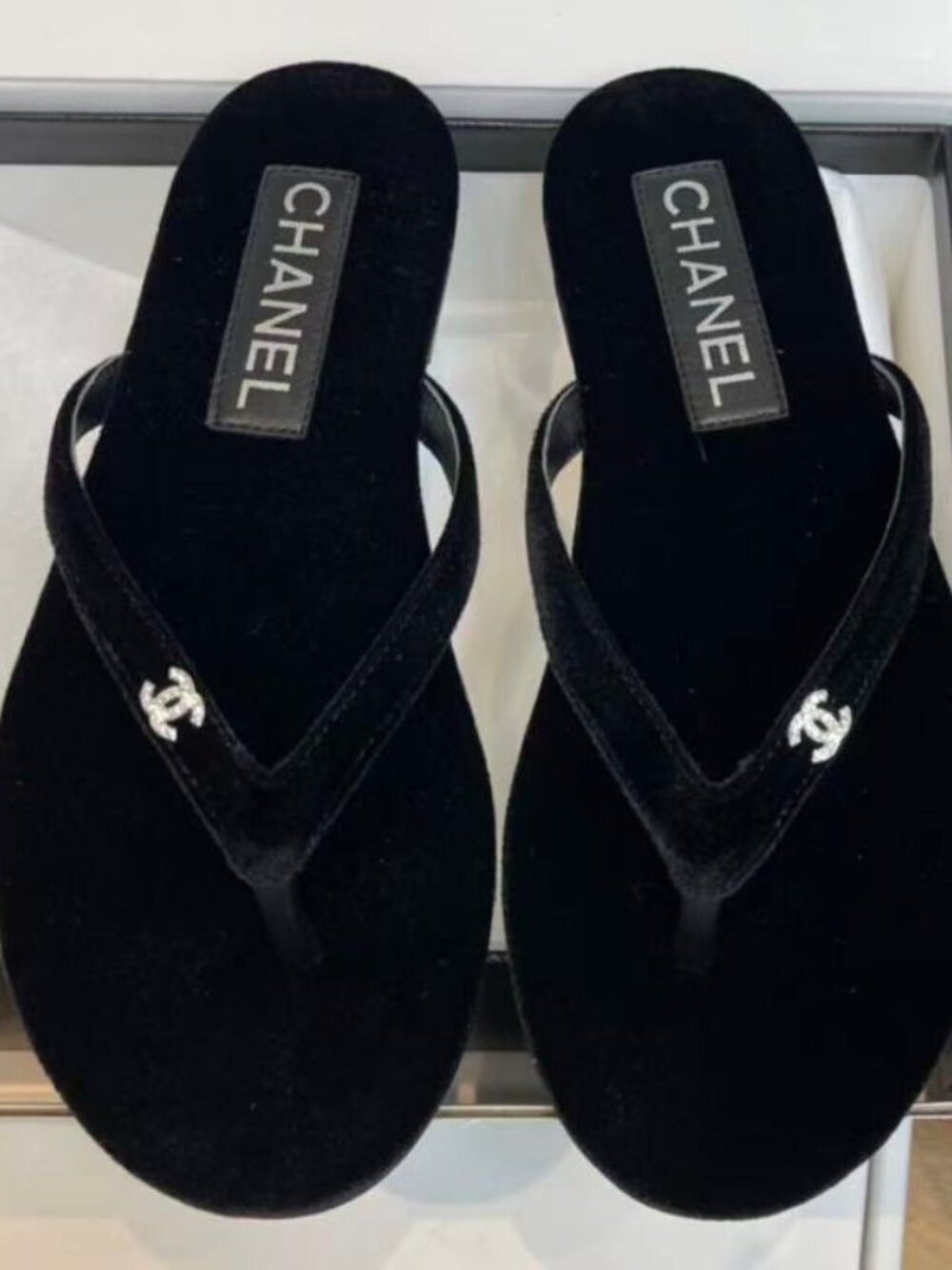Chanel Black Velvet Crystal CC Logo Flip Flop Thong Slide Sandals